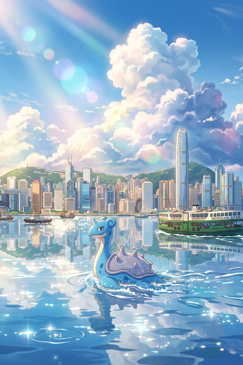 A beautiful Makoto Shinkai style anime illustration of Lapras swimming in Hong K