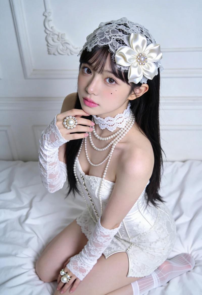 一、画面构图 1 人物姿态：单人跪坐在床上、上身微前倾，一手抬至下巴附近、一手自然置于腿上、身体略微侧转、眼神直视画面 2 镜头视角：中近景、略微俯视、人物居中
