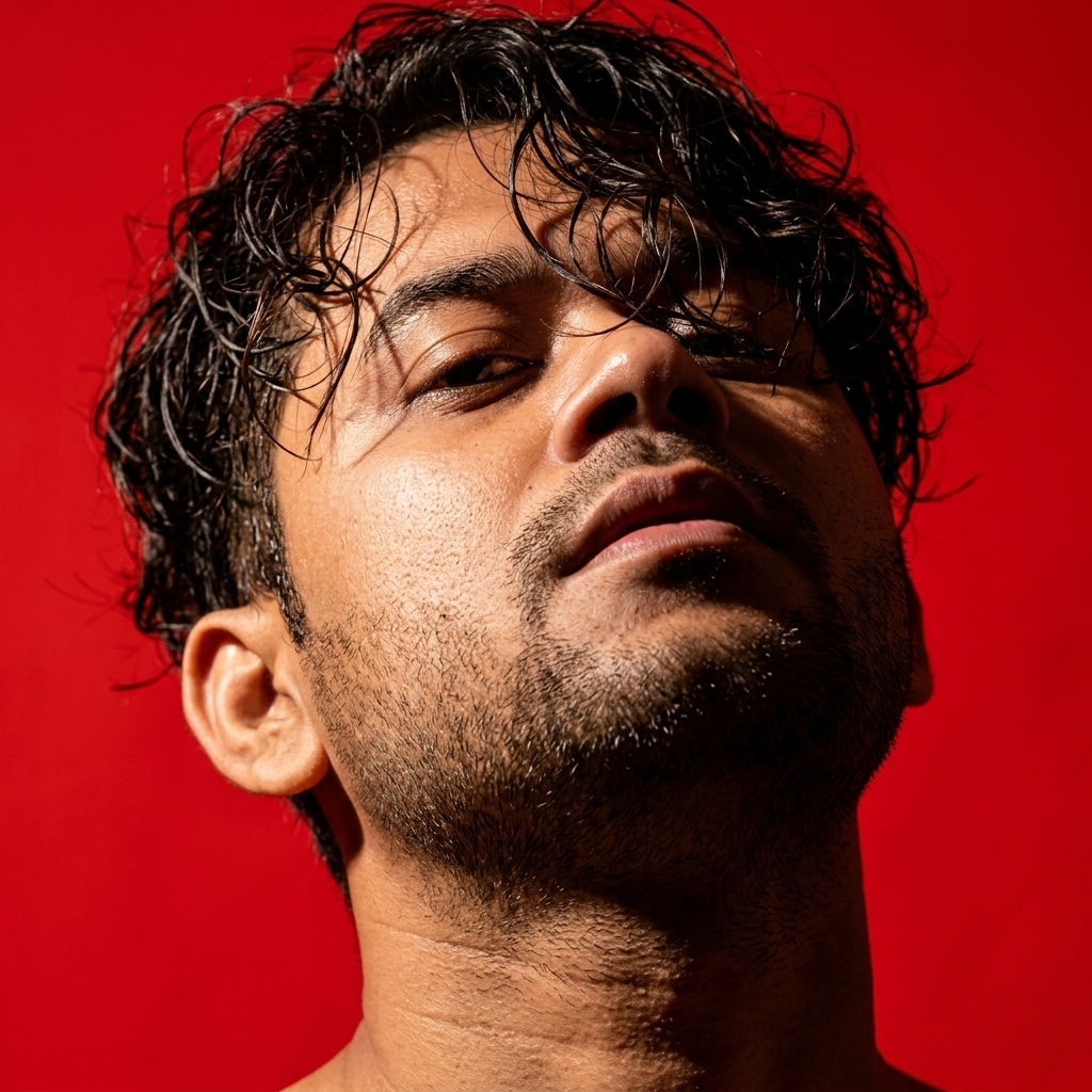 cinematic editorial close-up portrait of a young man, low-angle shot with his he