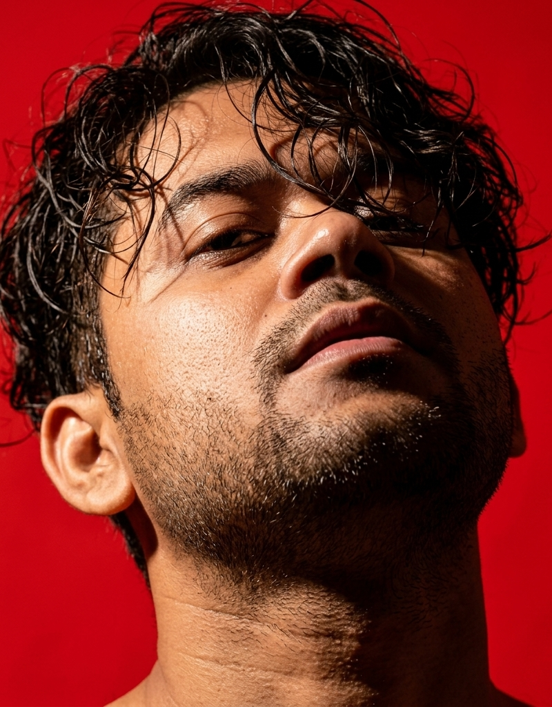 cinematic editorial close-up portrait of a young man, low-angle shot with his he