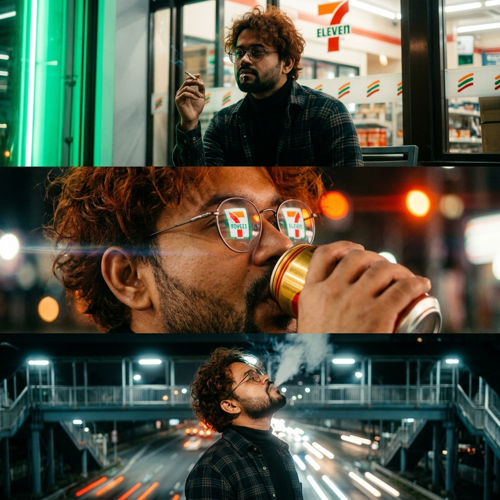 A vertical triptych of three cinematic, night-time urban photographs featuring a