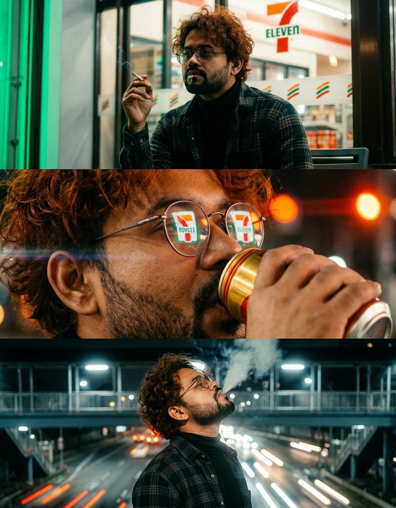 A vertical triptych of three cinematic, night-time urban photographs featuring a