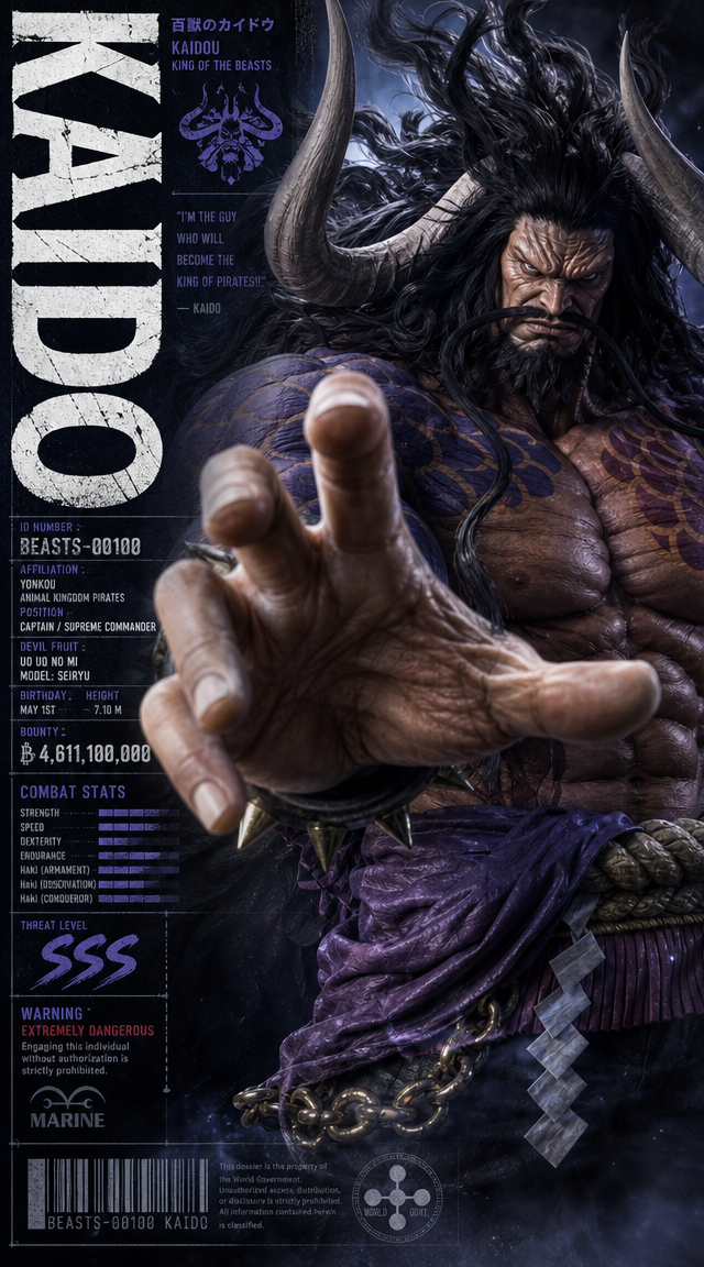 A vertical character poster featuring 【Kaido from One Piece】 as the absolute mai
