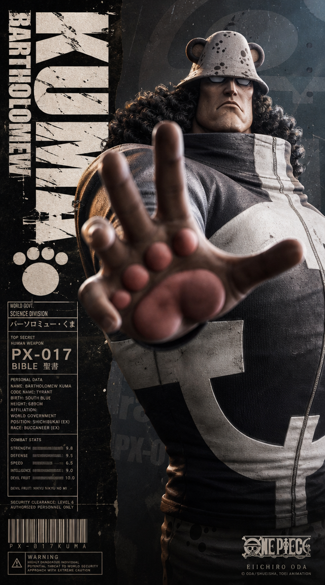 A vertical character poster featuring 【Bartholomew Kuma from One Piece】 as the a