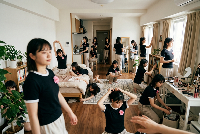 根据上传的参考角色，在一间宽敞的东京女孩公寓内拍摄一个真人场景——一间明亮、充满生活气息的单间，空间比例接近1LDK。房间应包含白色墙壁、温暖的木地板、米色窗帘