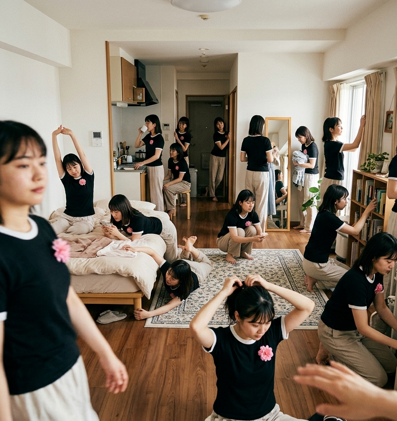 根据上传的参考角色，在一间宽敞的东京女孩公寓内拍摄一个真人场景——一间明亮、充满生活气息的单间，空间比例接近1LDK。房间应包含白色墙壁、温暖的木地板、米色窗帘