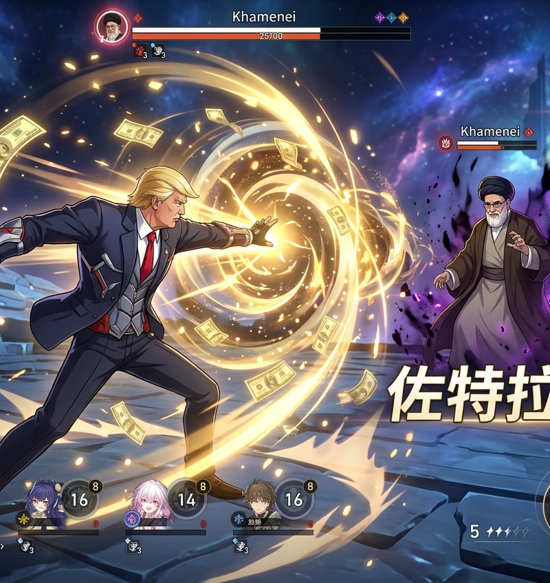 一张高清4K截图,展示了《崩坏3:星之轨道》PC版的游戏画面,图中联动角色为特朗普。他正在战斗中,用美元施放佐特拉克,攻击哈梅内伊。