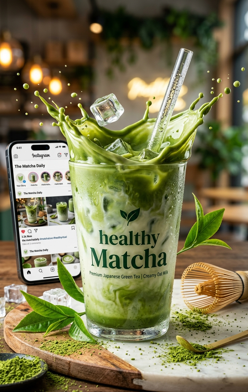 High-end commercial product photography of an iced matcha latte labeled “healthy