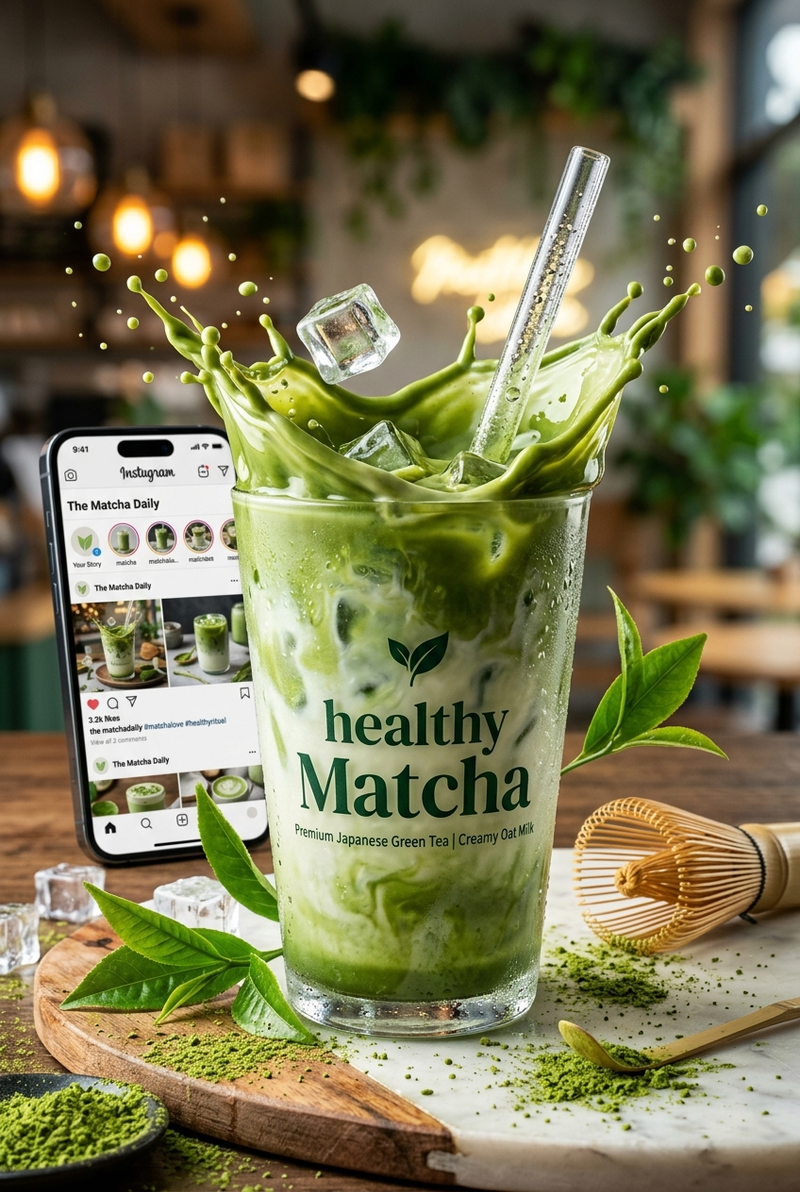 High-end commercial product photography of an iced matcha latte labeled “healthy