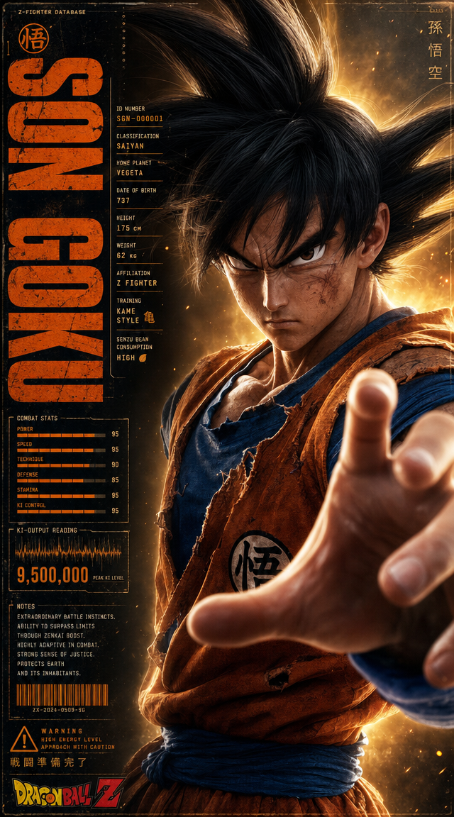 Vertical character poster featuring Son Goku from Dragon Ball as the absolute ma