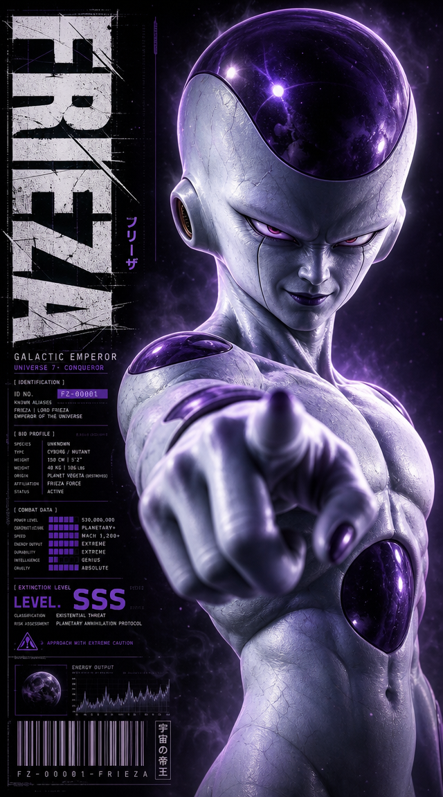 Vertical character poster featuring Frieza from Dragon Ball as the absolute main