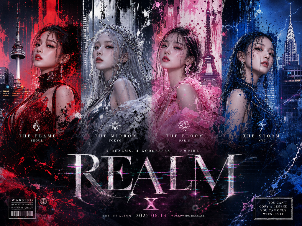 Ultra-premium K-pop comeback concept featuring a four-member global girl group e