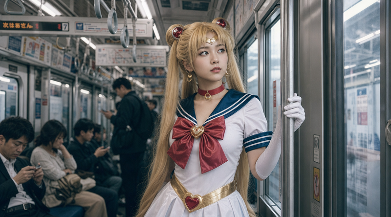 主体内容：一位年轻女性，身着经典水手服风格的动漫角色服装，整体造型参考自《美少女战士》中的月野兔（Sailor Moon），包括白色连衣裙、深蓝色领边与袖口、红