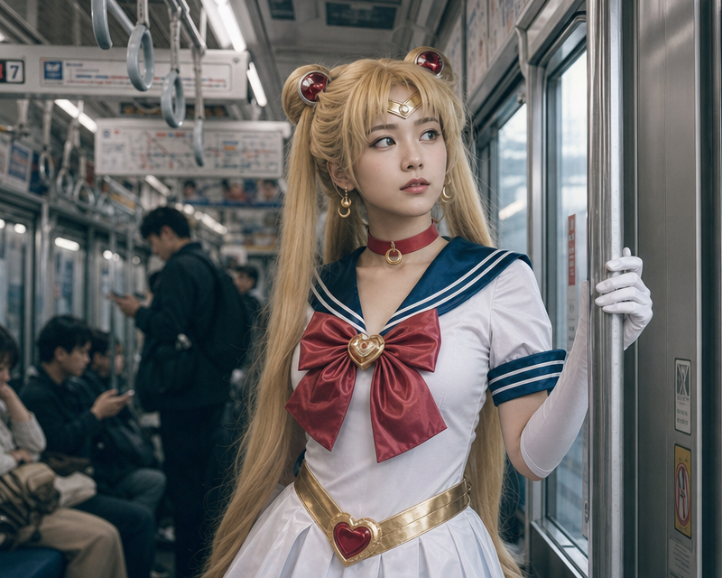 主体内容：一位年轻女性，身着经典水手服风格的动漫角色服装，整体造型参考自《美少女战士》中的月野兔（Sailor Moon），包括白色连衣裙、深蓝色领边与袖口、红