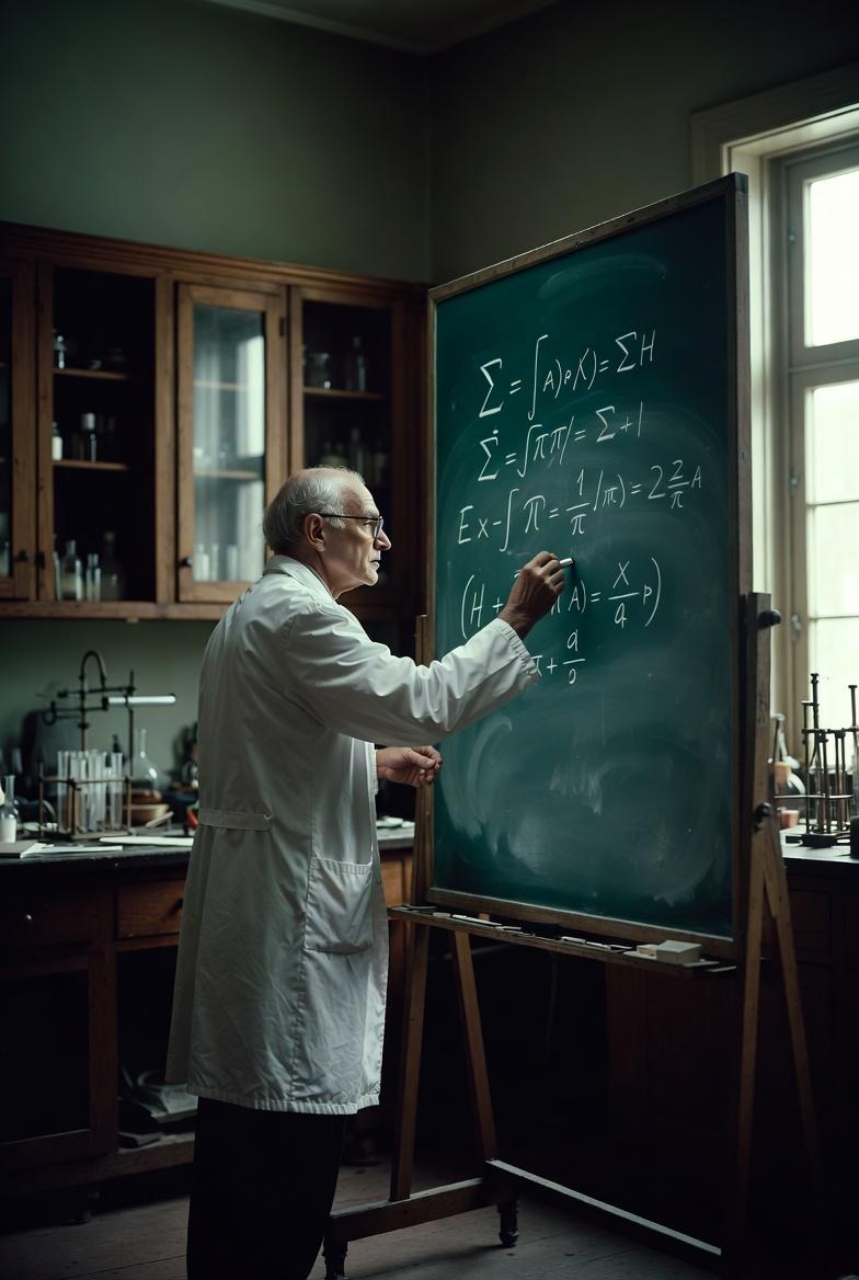 physicist writing equations in a lab on a shalk board, unreal engine, rendered i