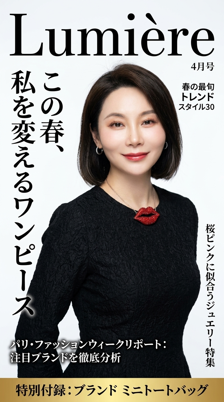 添付の女性と同一人物、同じ顔、同じ髪型、同じピアスとネックレス。高級ファッション雑誌の表紙、アスペクト比9:16、縦長構図、エレガントなスタジオ照明、白背景、豪