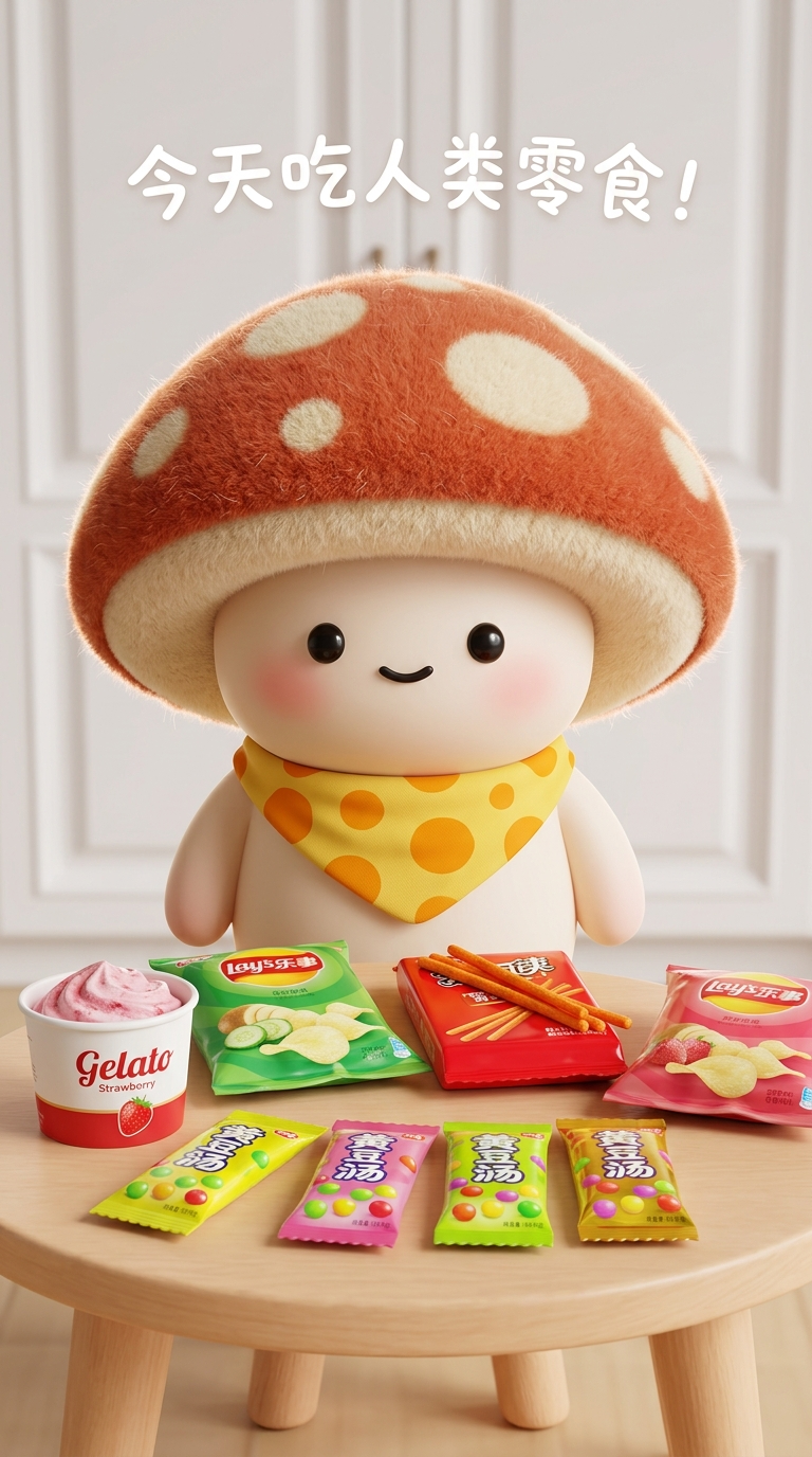 A raw, unedited wide-angle photo of a A stylized 3D render of a cute mushroom-he
