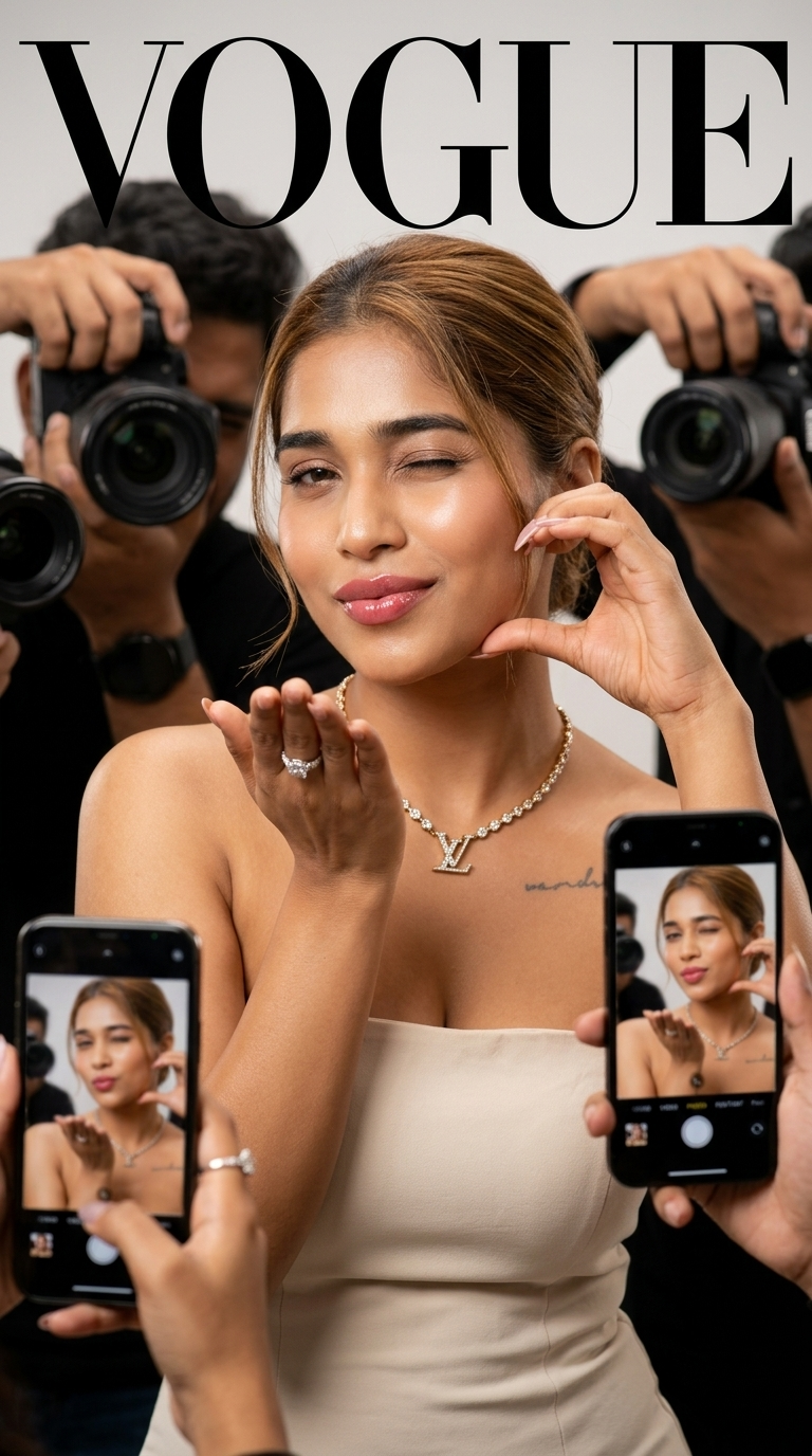 Create a realistic Vogue magazine cover–style fashion portrait using the uploade
