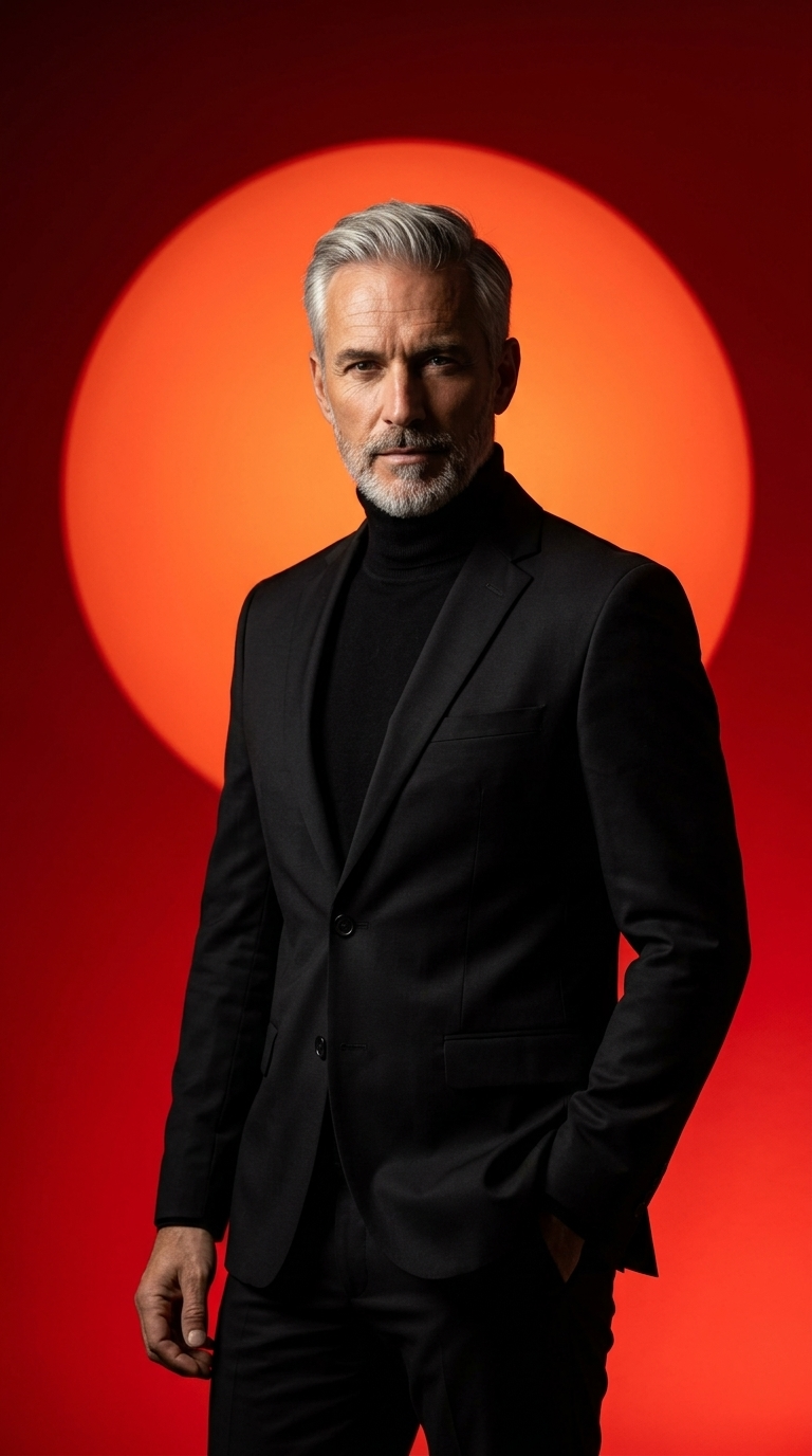 A sophisticated studio portrait of a mature, silver-haired man with a neatly tri