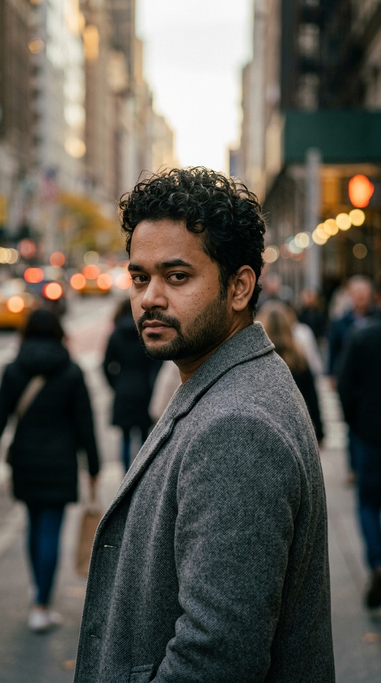 Make this reference image A cinematic street portrait of a man with curly dark h