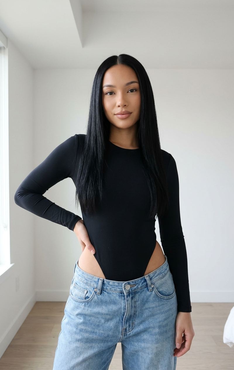 { "subject": { "description": "Young woman, high-cut bodysuit, low-rise jeans, e