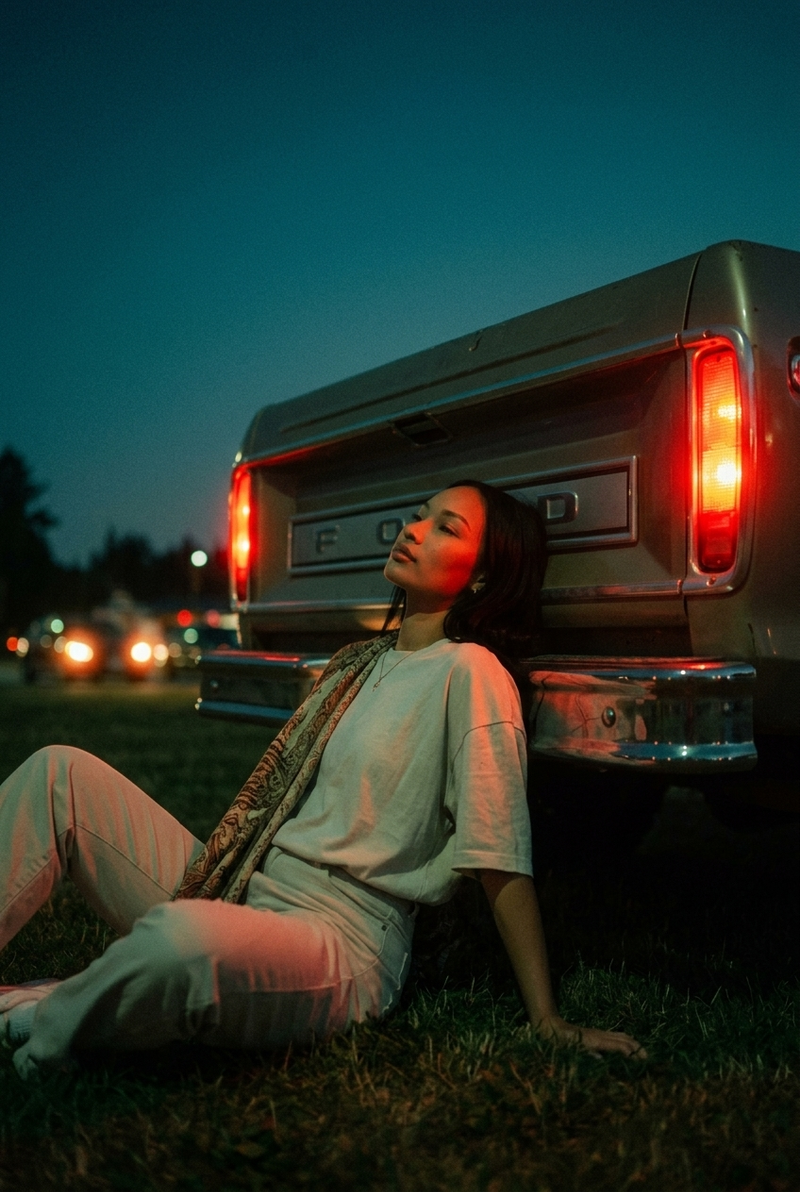 Image from subject, low-angle vertical shot, subject sitting on the ground leani