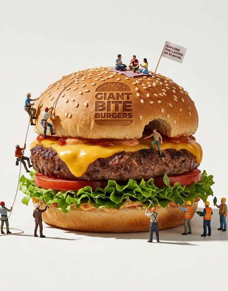 Create a highly detailed miniature surreal scene in which tiny human figures int