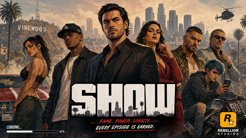 A GTA V-style loading screen illustration of the cast of [SHOW]