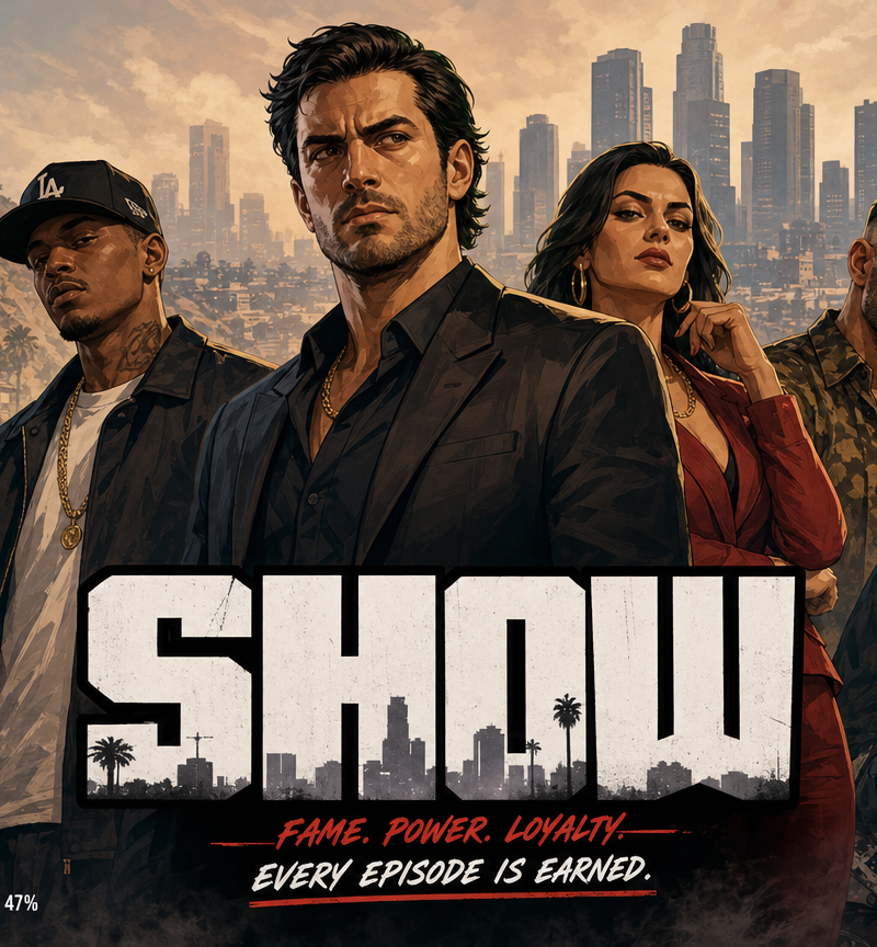 A GTA V-style loading screen illustration of the cast of [SHOW]