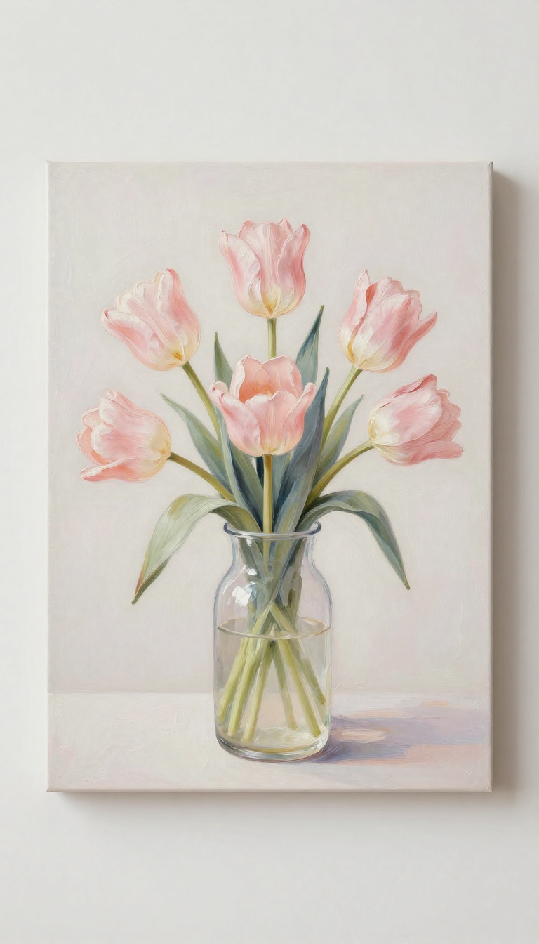 soft oil painting floral wall art, centered composition, vase placed at the cent