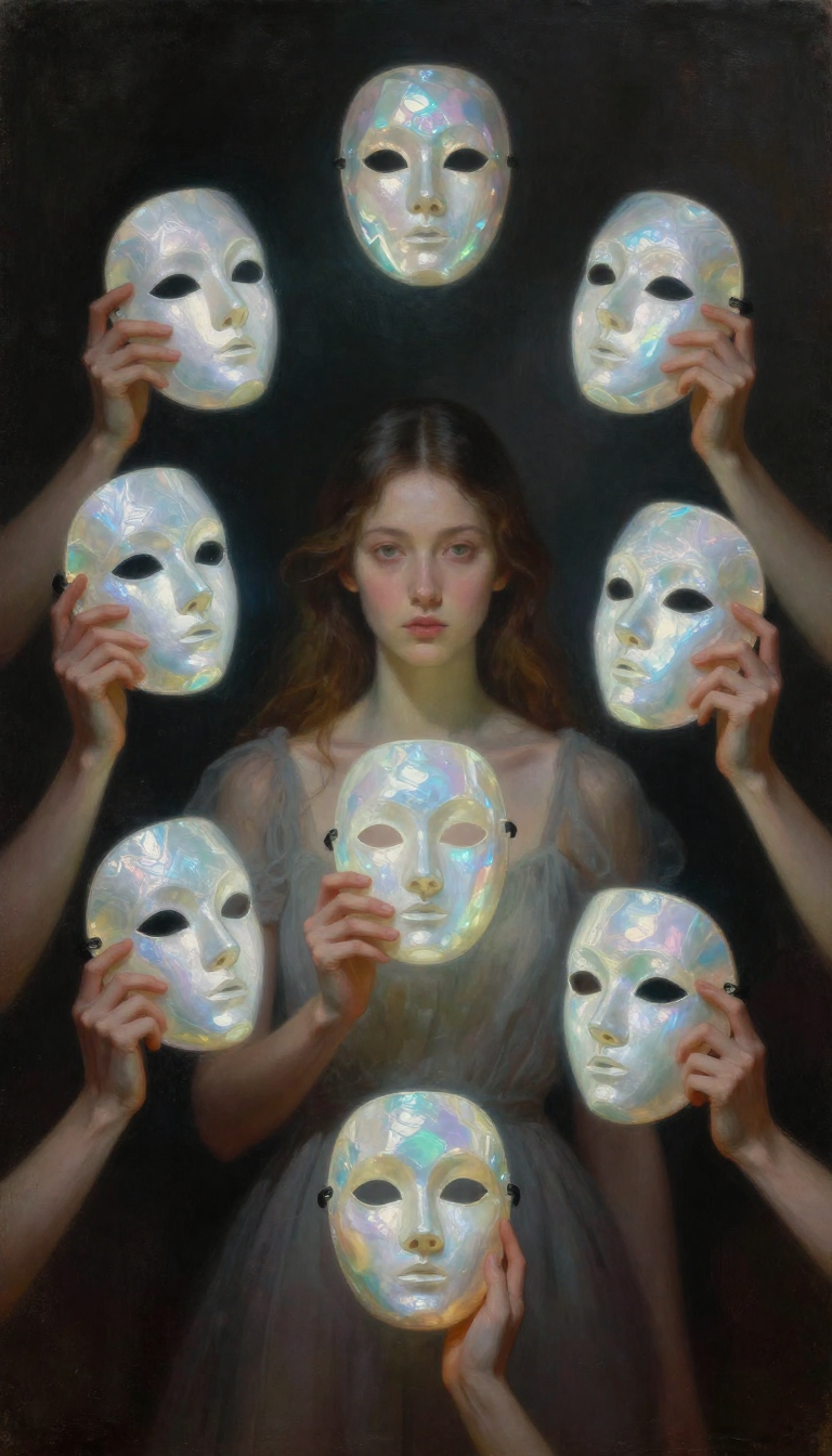 dark Aesthetic oilpainting of a woman with six arm surrounded taking off 6lumino