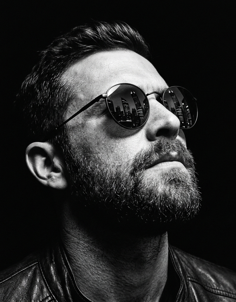 Dramatic, ultra-realistic close-up in black and white with high-contrast cinemat