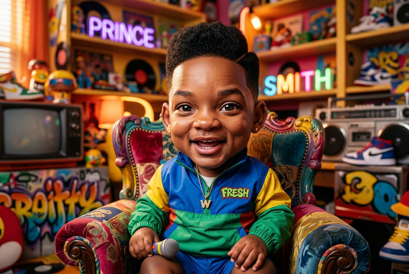 Hyperrealistic baby Will Smith in a caricature style, with exaggerated facial fe