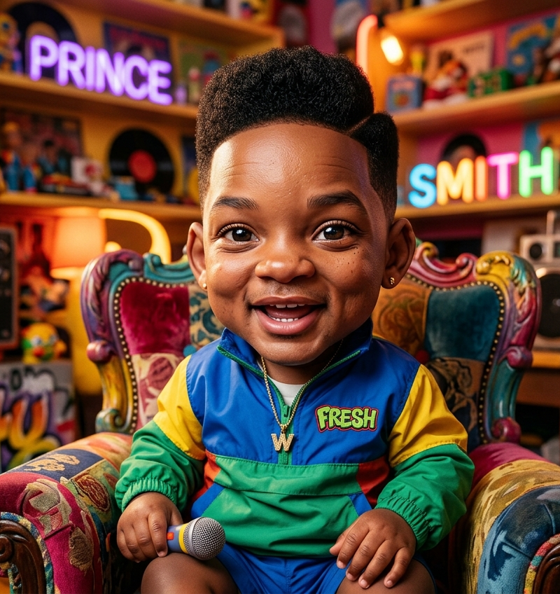 Hyperrealistic baby Will Smith in a caricature style, with exaggerated facial fe