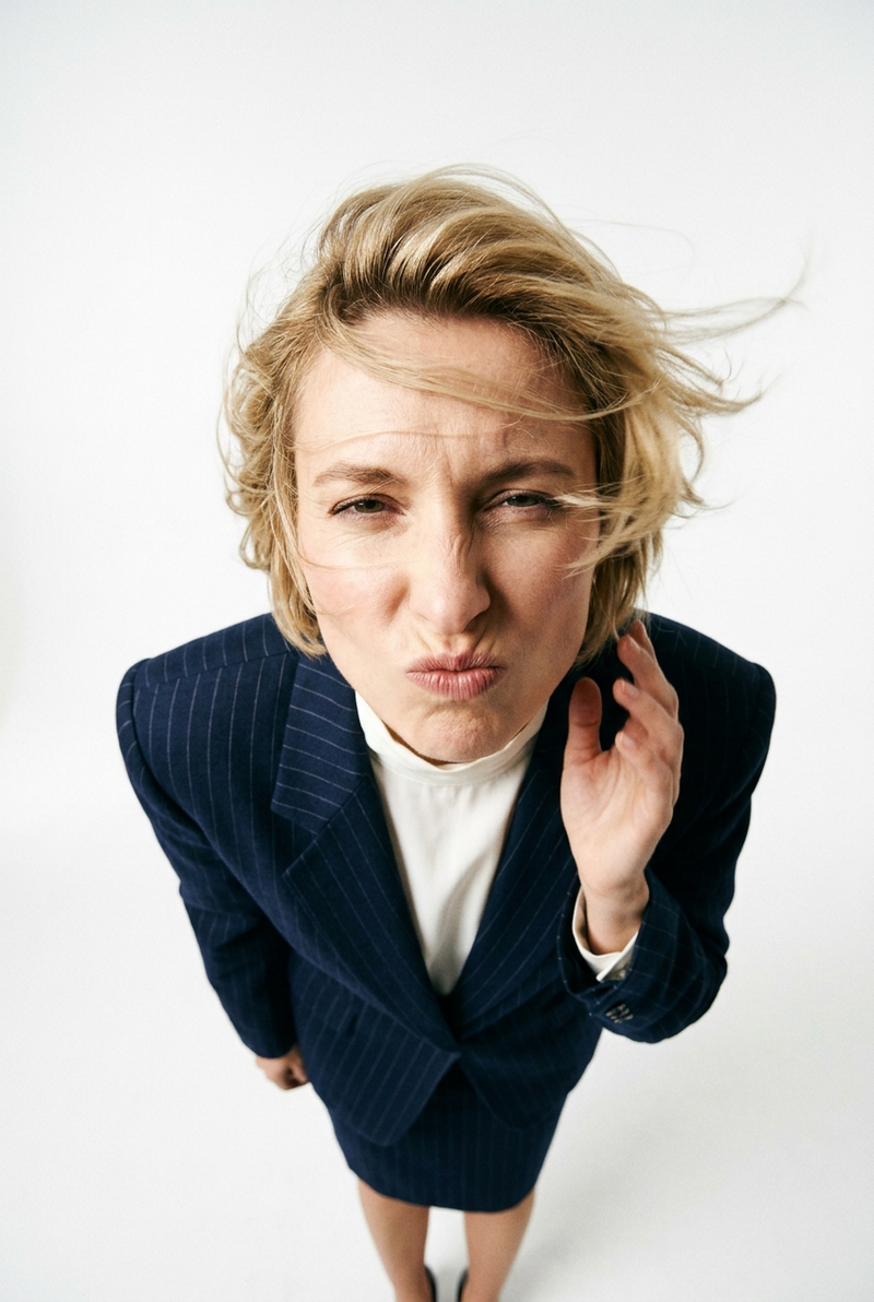 Top view photo of a woman with blonde hair and unusual facial features, against 