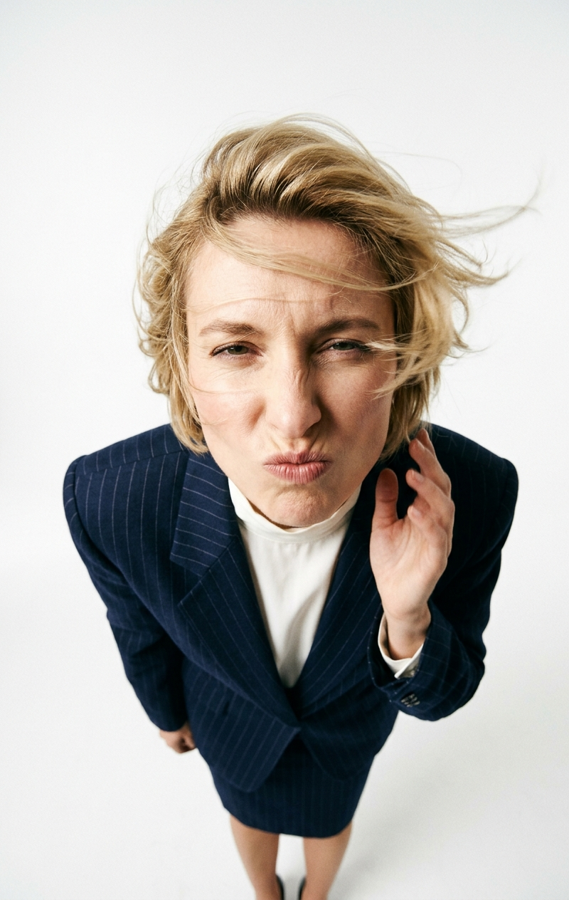 Top view photo of a woman with blonde hair and unusual facial features, against 