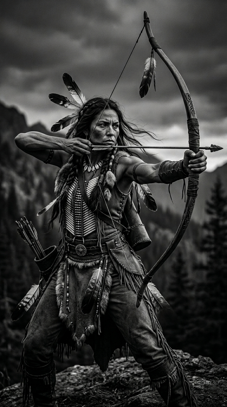 realistic Native American warrior woman drawing a bow, captured mid-pull with th