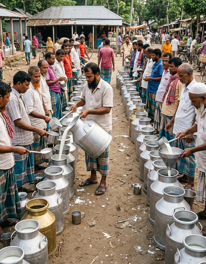20 থেকে 25 জন দুধ বিক্রেতা দুধের হাড়ি নিয়ে মুখোমুখি দুই লাইনে দাড়িয়ে আছে দুধ বিক
