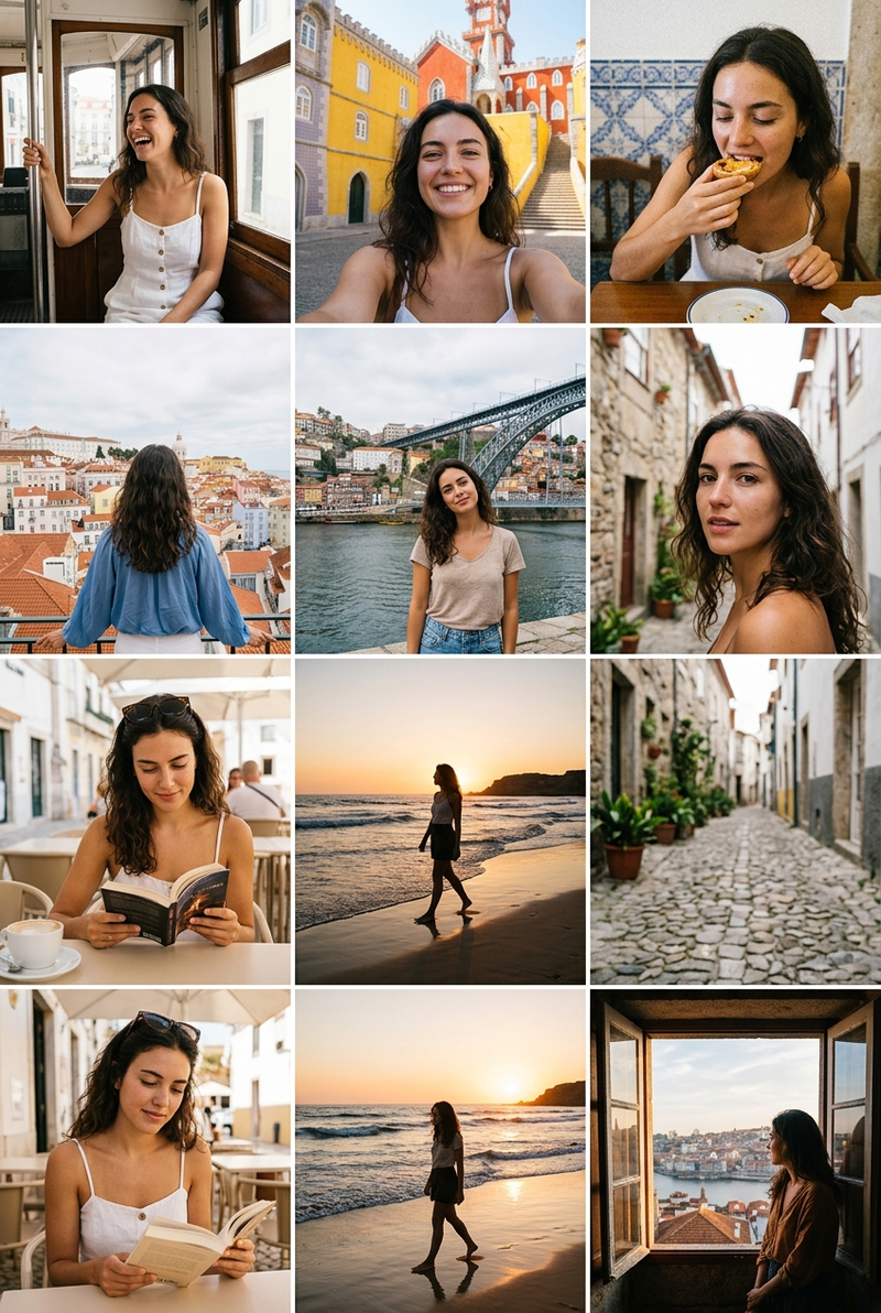 { "Objective": "Create a 3x3 photo grid featuring the same extremely attractive