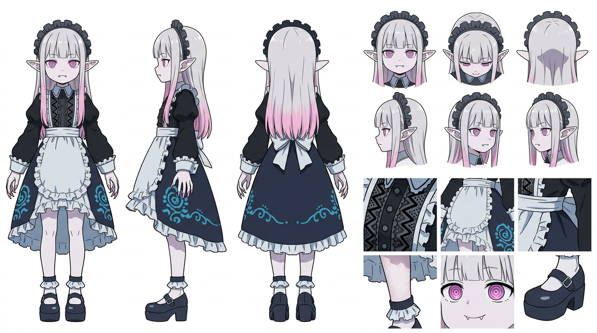 A high-definition, clean, minimalist character design board / character turnarou