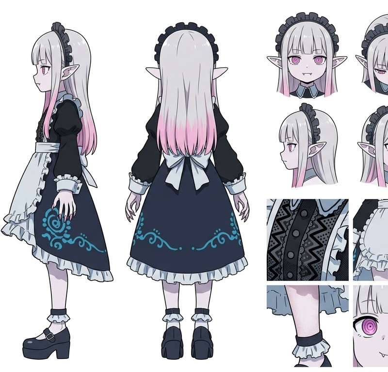 A high-definition, clean, minimalist character design board / character turnarou