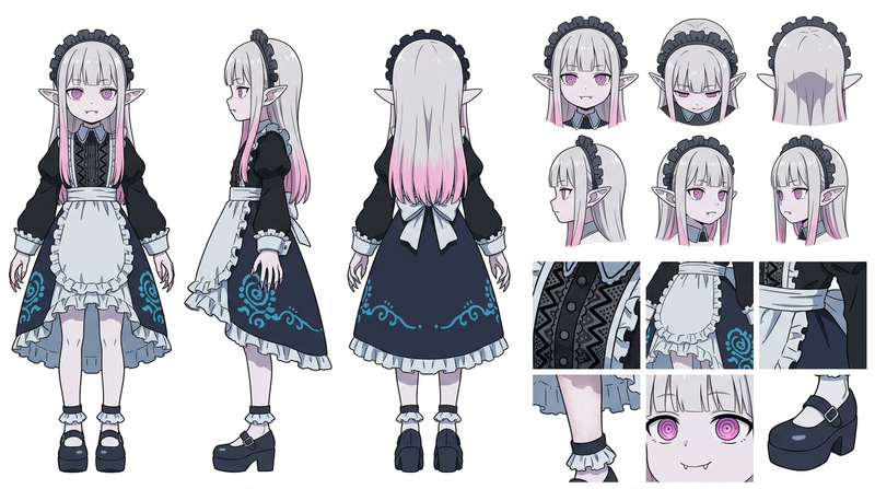 A high-definition, clean, minimalist character design board / character turnarou