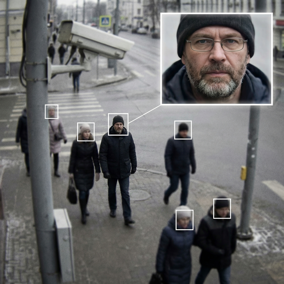 Create a high angle CCTV surveillance shot using the uploaded image as the sourc