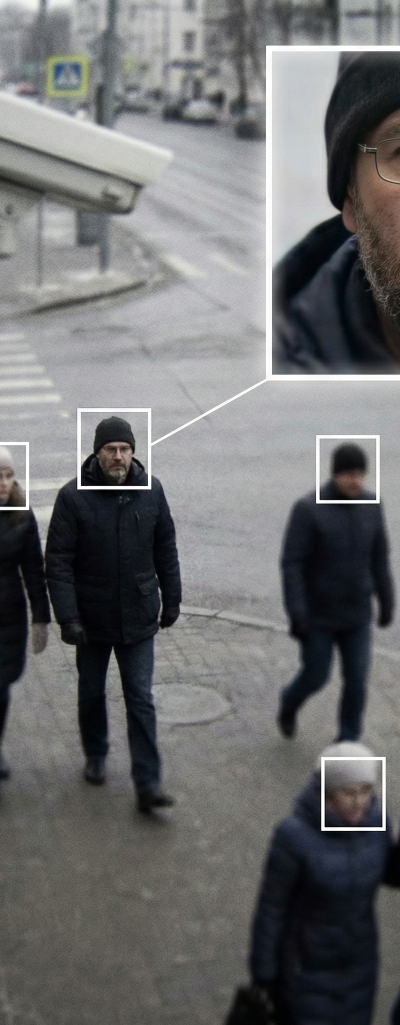 Create a high angle CCTV surveillance shot using the uploaded image as the sourc