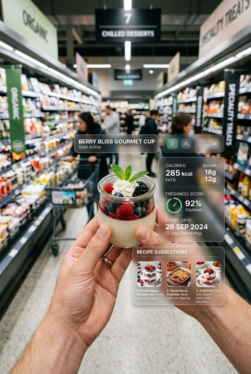 POV shot inside a modern supermarket aisle, hands holding a small gourmet desser