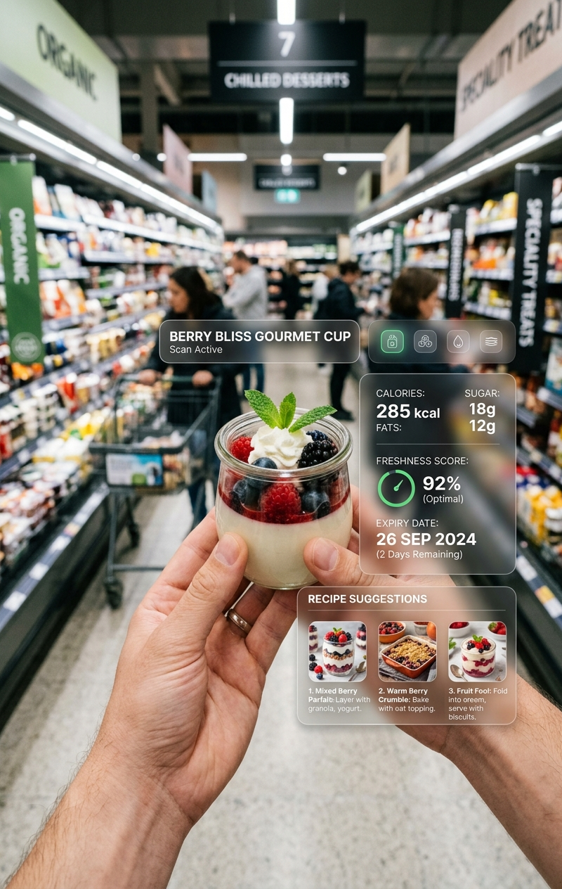 POV shot inside a modern supermarket aisle, hands holding a small gourmet desser