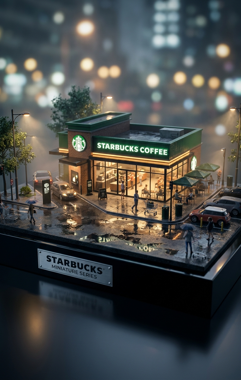 Hyper-realistic miniature diorama of a [BRAND NAME] outlet, placed on a premium 
