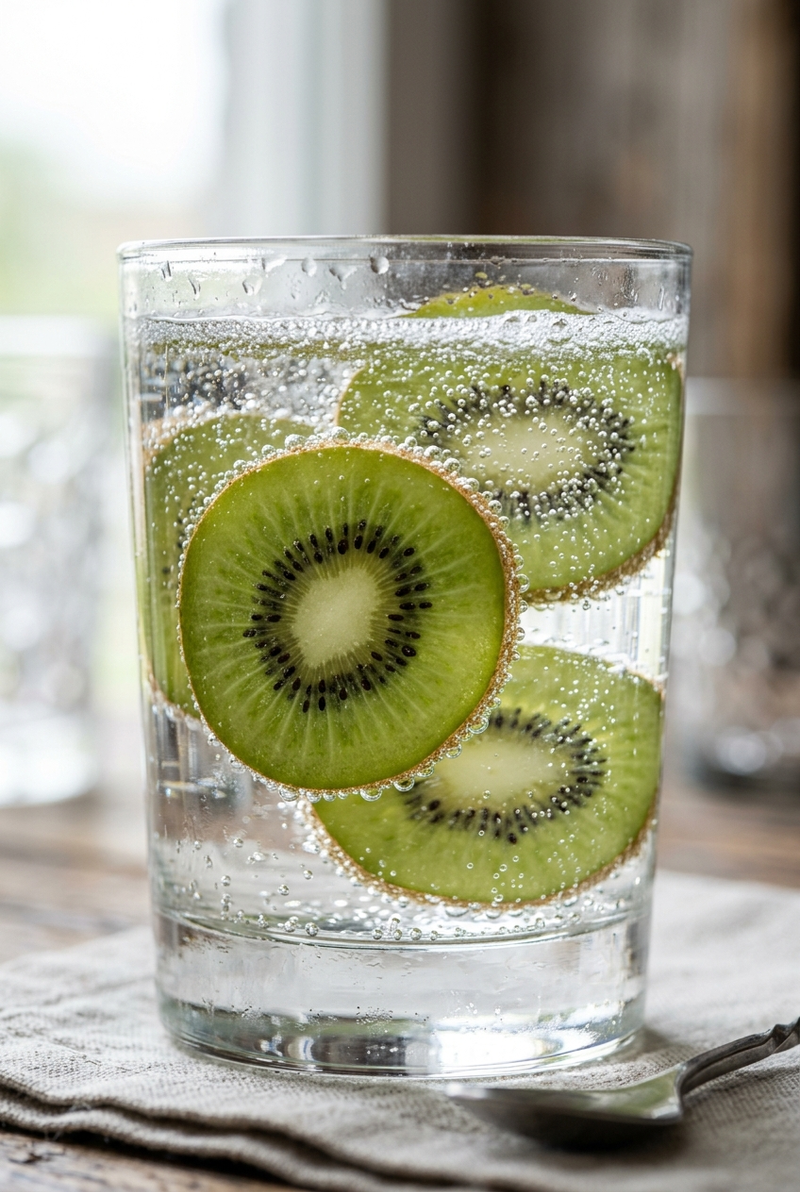 slices of kiwi submerged in sparkling water, vibrant green with black seeds, bub