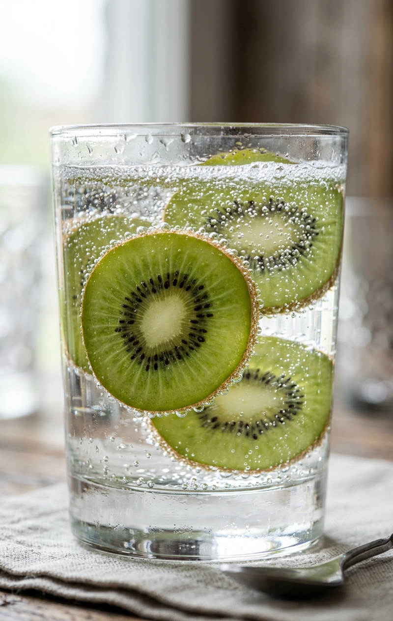 slices of kiwi submerged in sparkling water, vibrant green with black seeds, bub