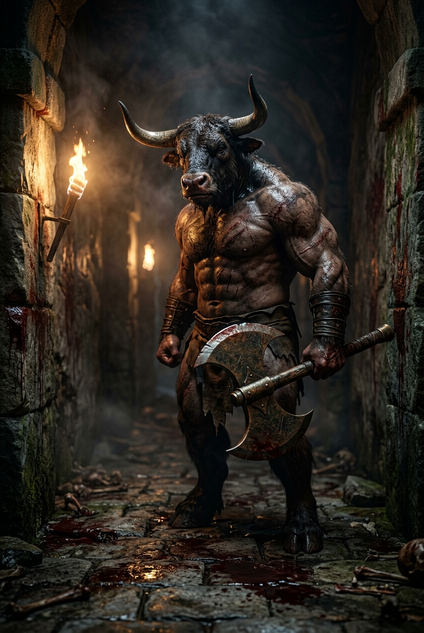 The Minotaur, a hulking man with a bull's head, standing in a dark, blood-staine